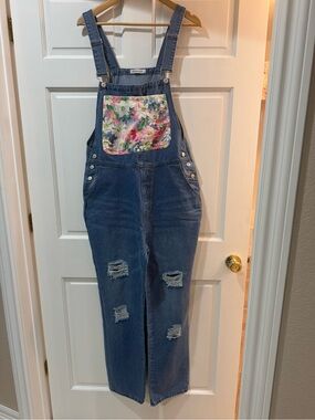 Women's Blue Denim Floral-Pocket Overalls